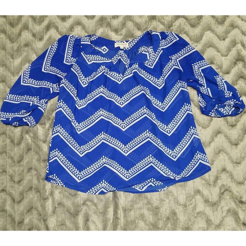 My Michelle Womens L Blue Diamond Zigzag Top Shirt Blouse Semi Sheer